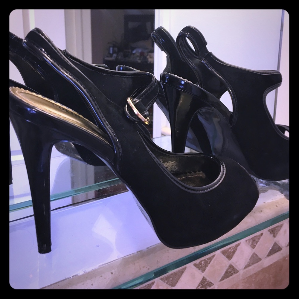 LIKE NEW - Black peep toe suad high heels.