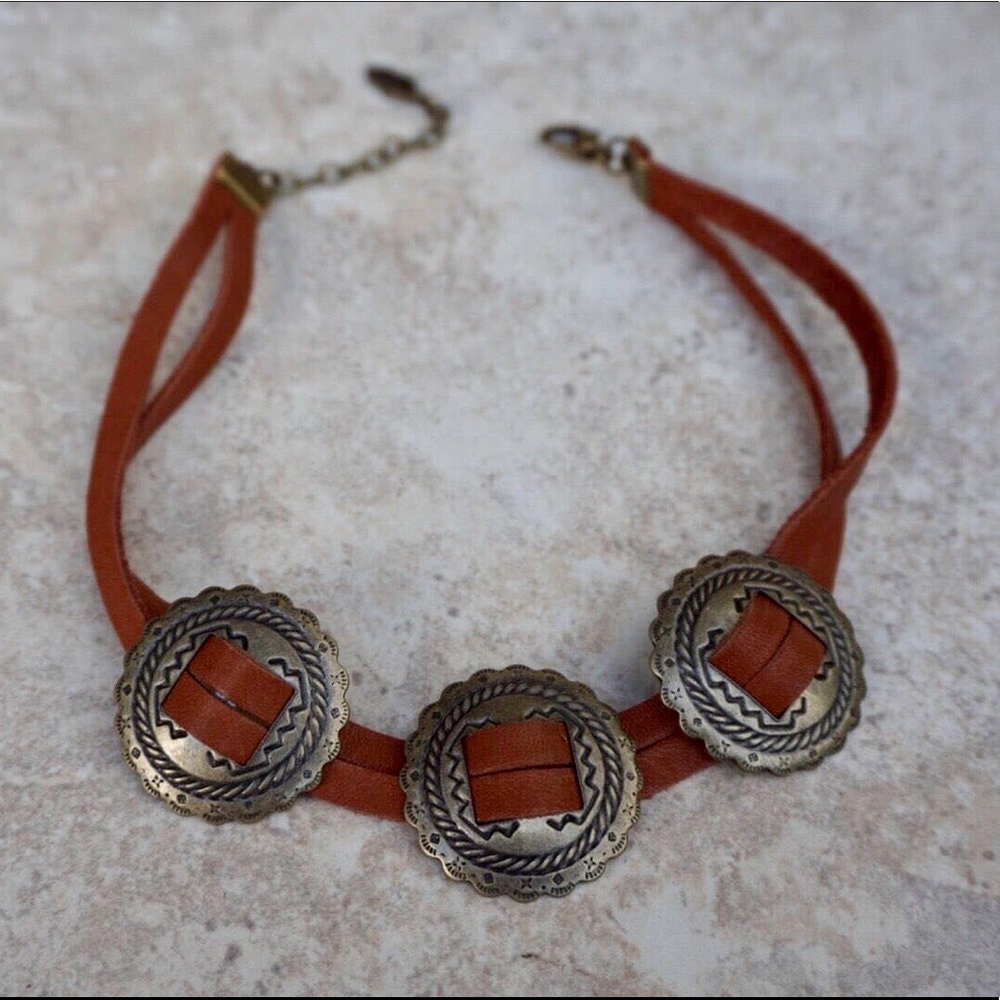 Brown Genuine Leather Brass Metal Concho Choker