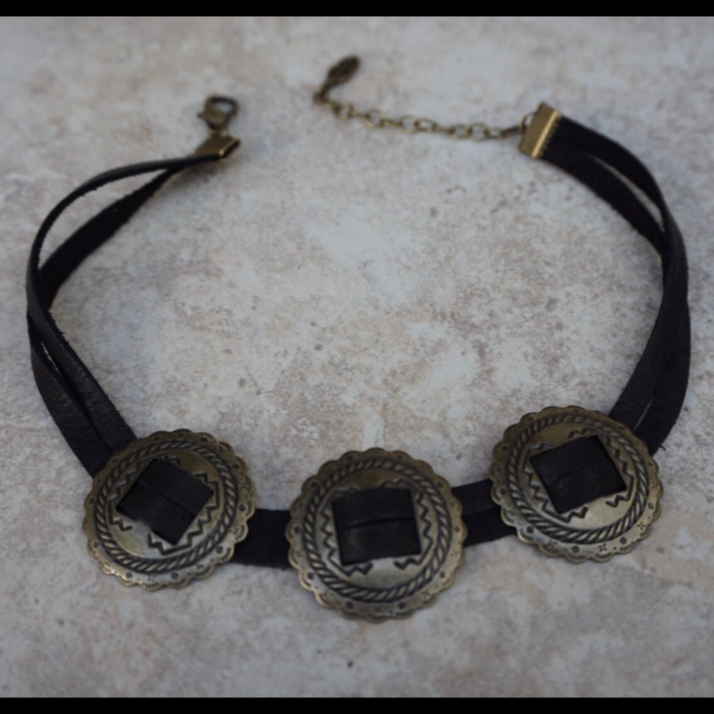 Black Genuine Leather Brass Metal Concho Choker
