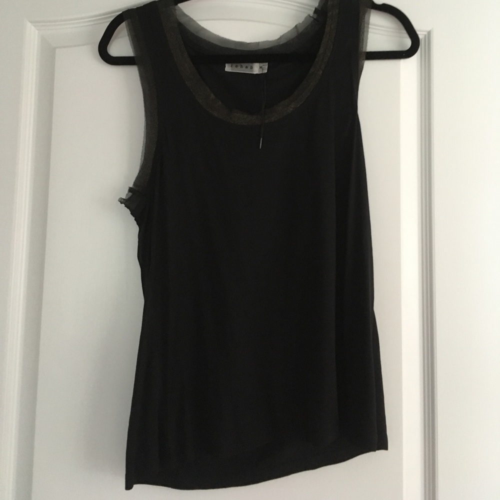 Black Cotton Tank Top with Chiffon Trim