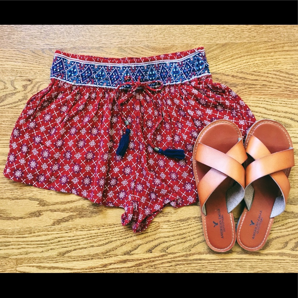Red Pattern Print Shorts with tassel ties