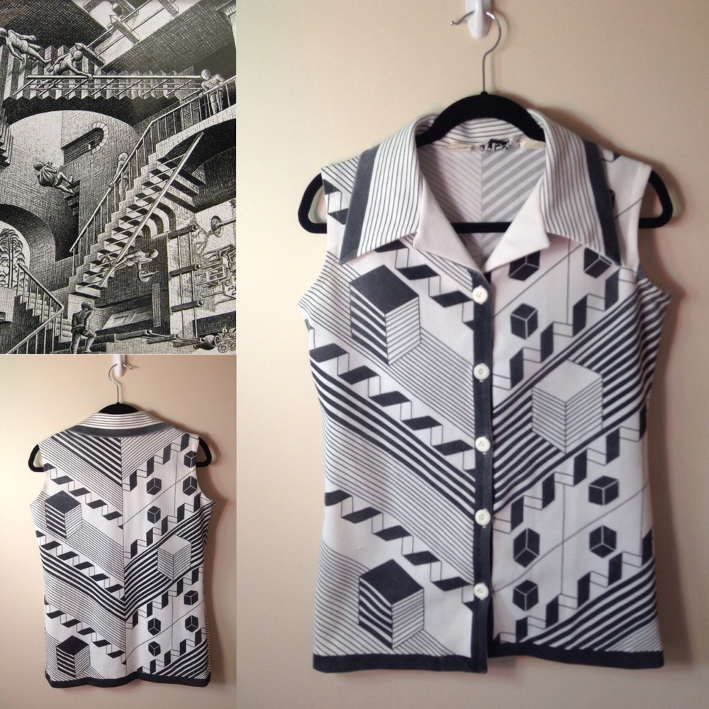 VINTAGE 1970's MC Escher Inspired Button Up Shirt