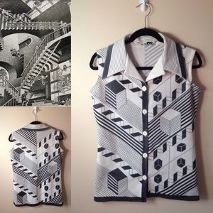 VINTAGE 1970's MC Escher Inspired Button Up Shirt