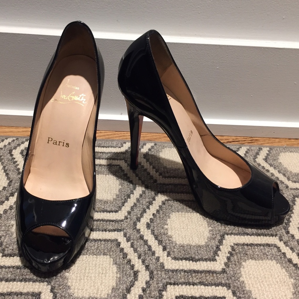 Christian Louboutin black patent peep toe heels