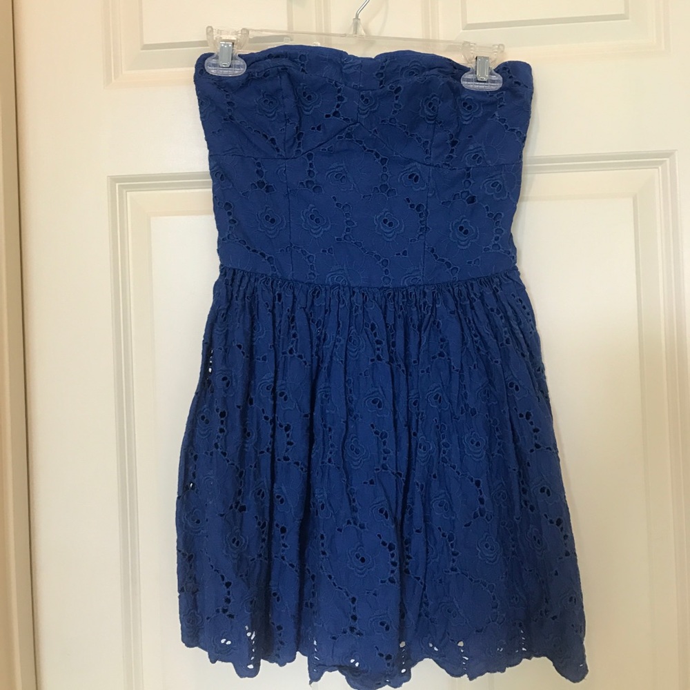 Strapless blue eyelet dress