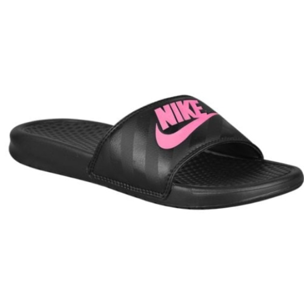 Pink and black Nike slip ons