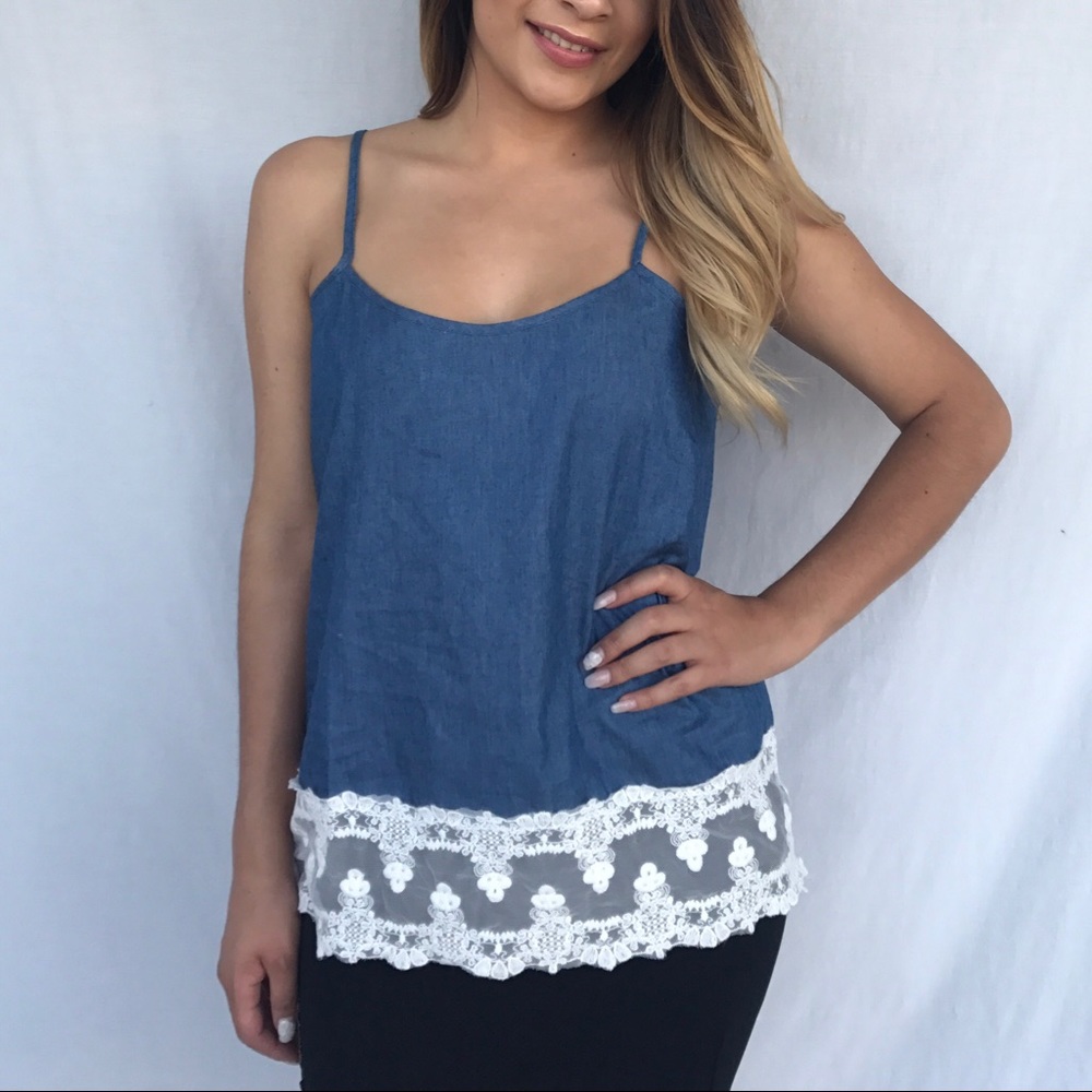 Light weight denim top with white lace