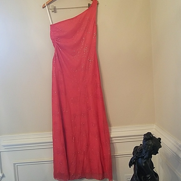 One-Shoulder, Coral, Stretchy, Sparkling Maxi/Prom - Picture 2 of 5