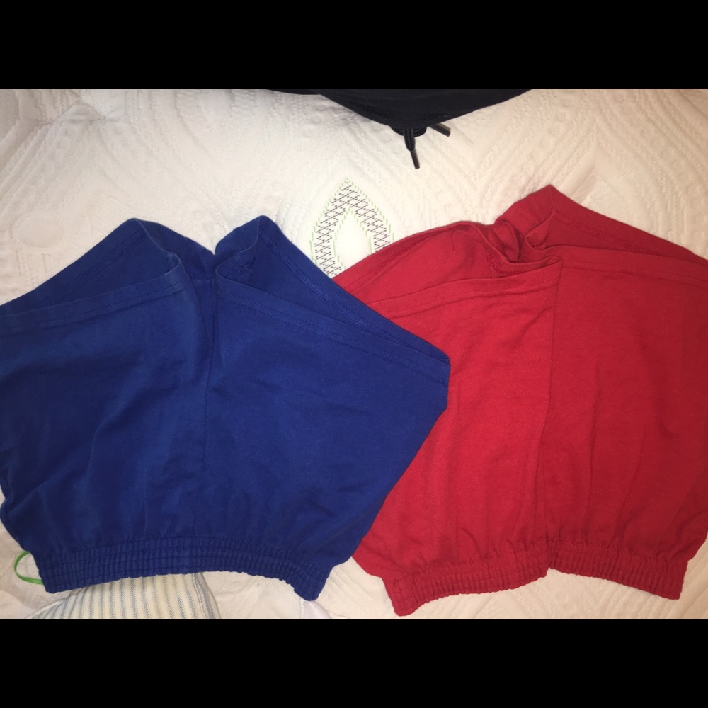 2 pair of Soffe shorts; blue and pink