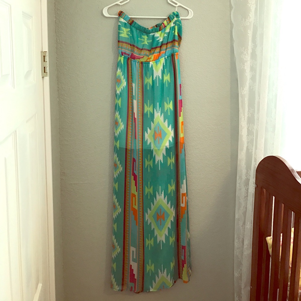 Tribal strapless maxi dress