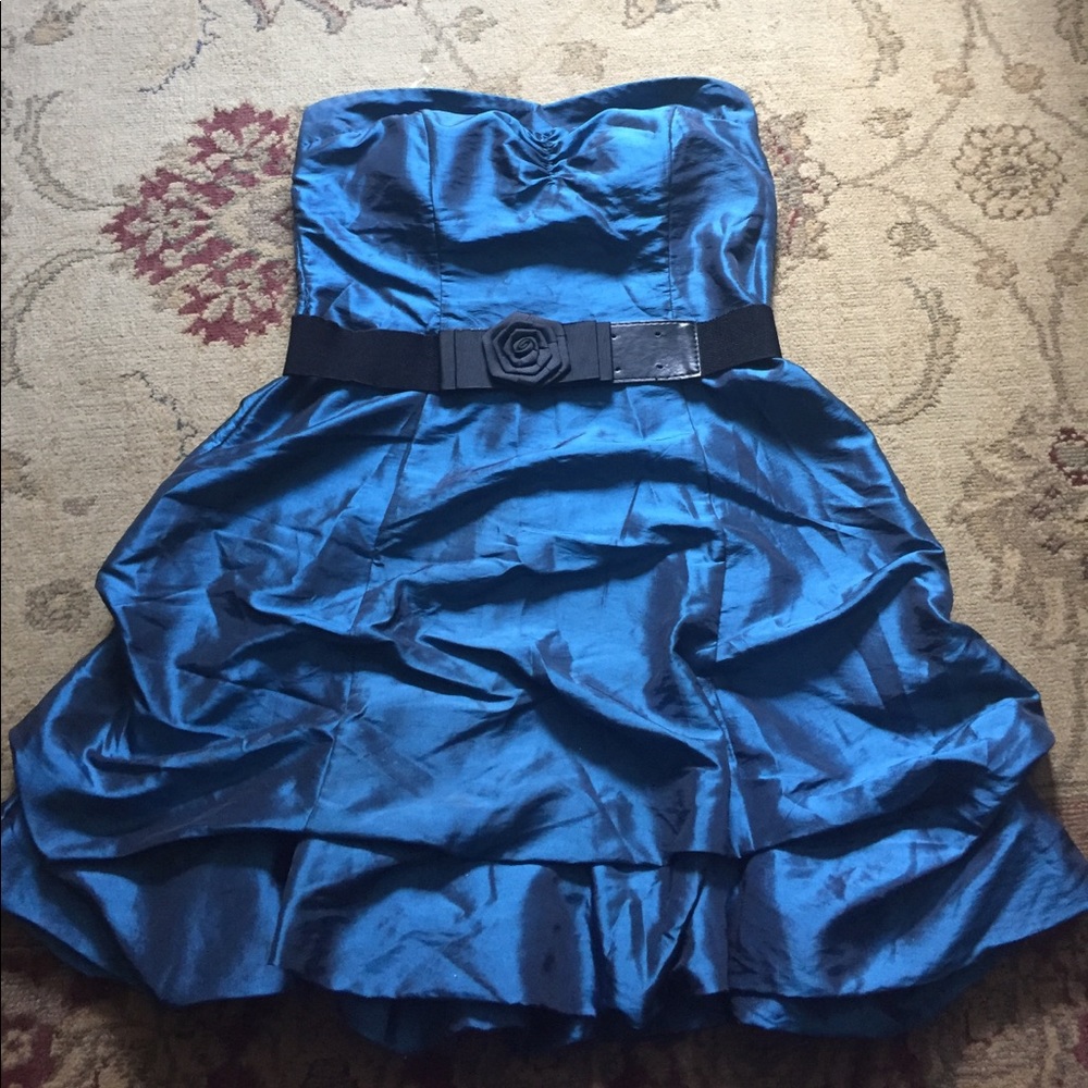 Strapless Metallic Blue Semi-Formal Dress