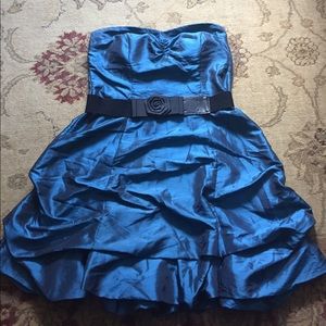 Strapless Metallic Blue Semi-Formal Dress