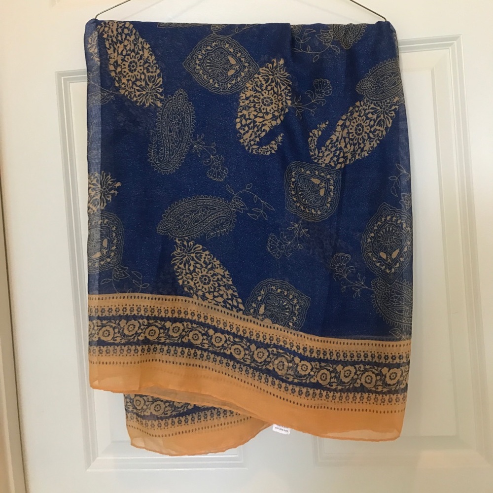 Blue and Gold leaf print scarf