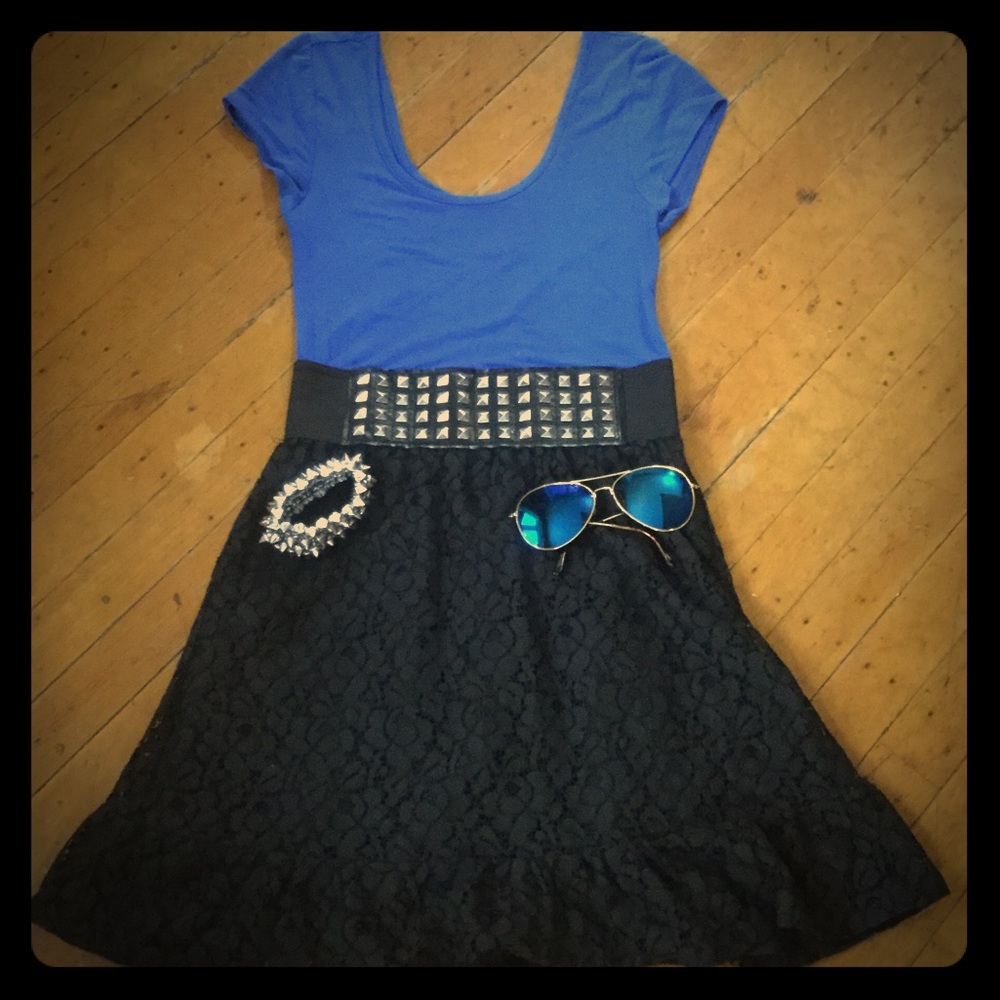 Blue Studded with Black Lace Dress✨