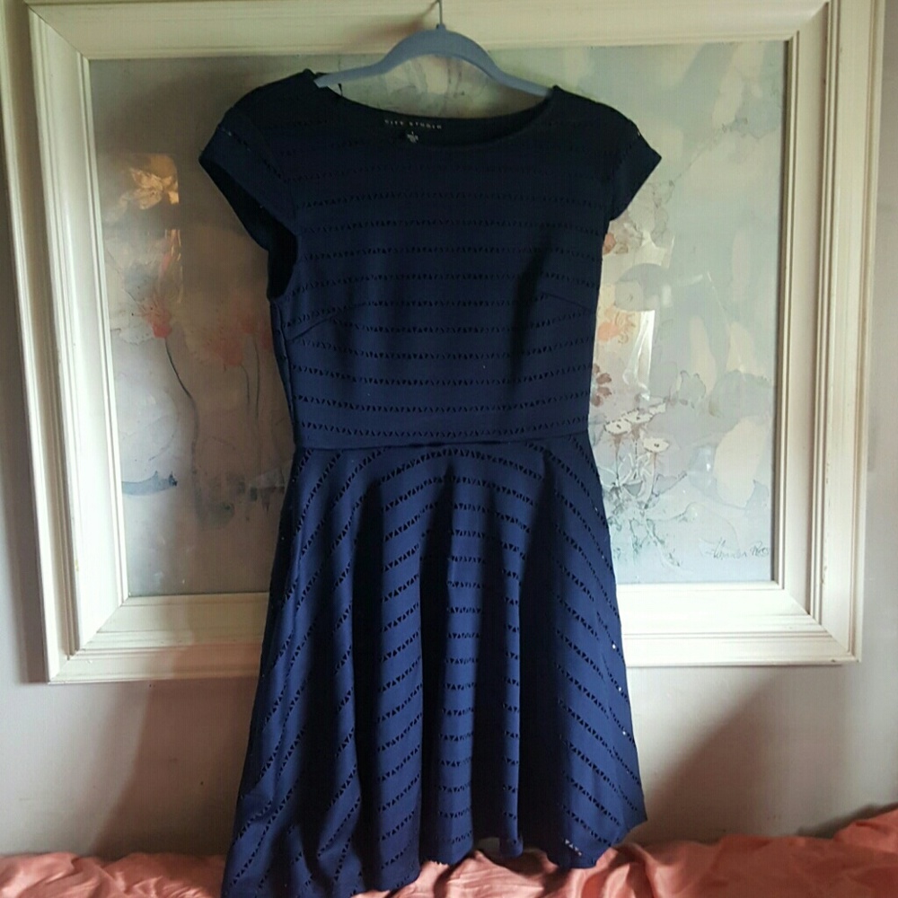 New Macy's Navy Blue short sleeved detailed dress