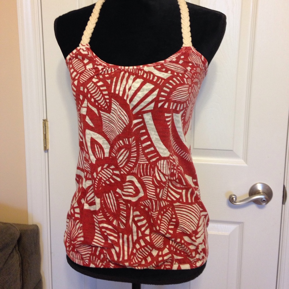 Red and white floral tank top w unique rope straps