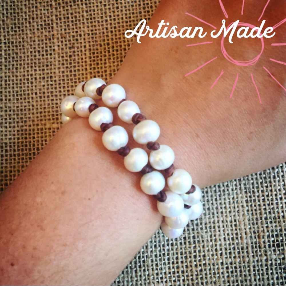 NEW Leather Pearl Double Stack Knot Bracelet