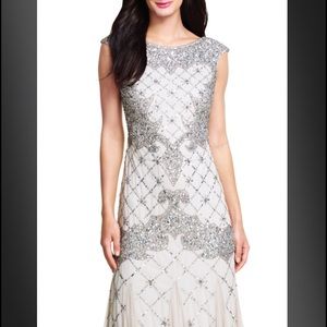 Adrianna Papell Silver Beaded Godet Gown