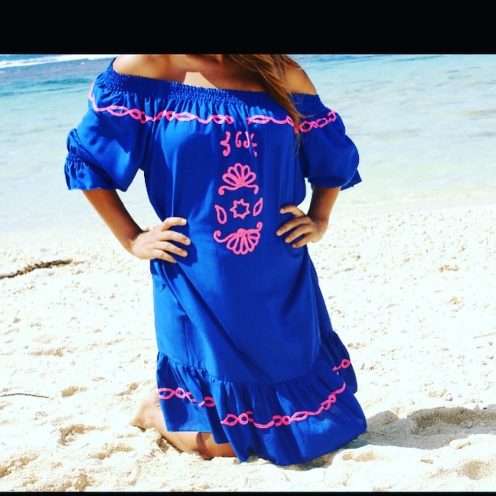 Embroidered pink and royal blue dress in large