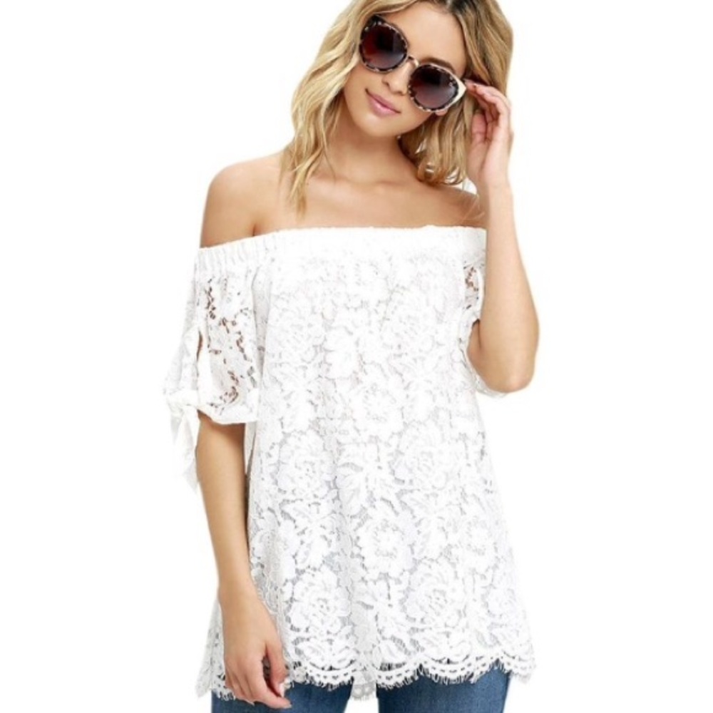 Lace Short Tie Sleeve Off Shoulder Blouse White - Picture 3 of 5