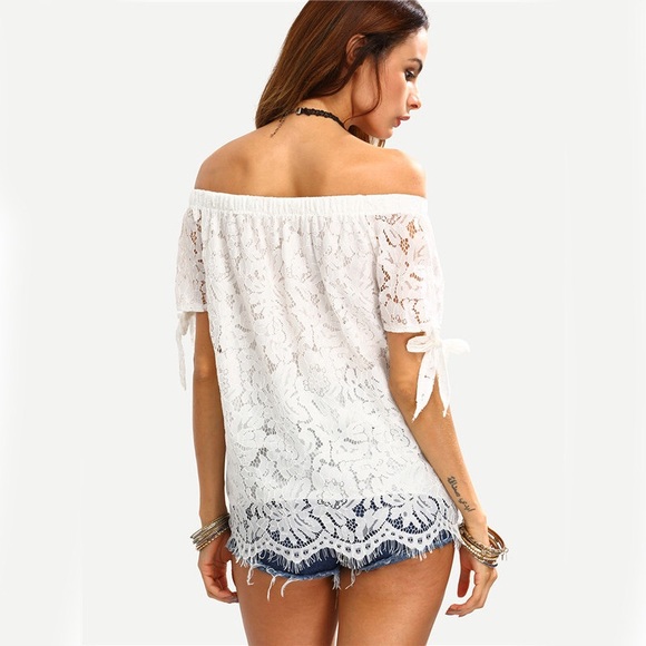 Lace Short Tie Sleeve Off Shoulder Blouse White - Picture 2 of 5