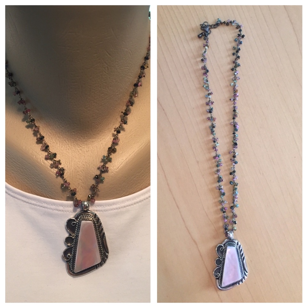 SS and pink abalone pendant on gemstone strand.