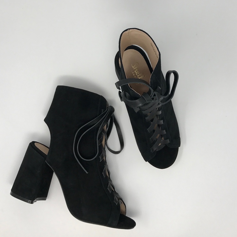 Peep Toe Leather Laces Block Heel Ankle Bootie - Picture 3 of 6