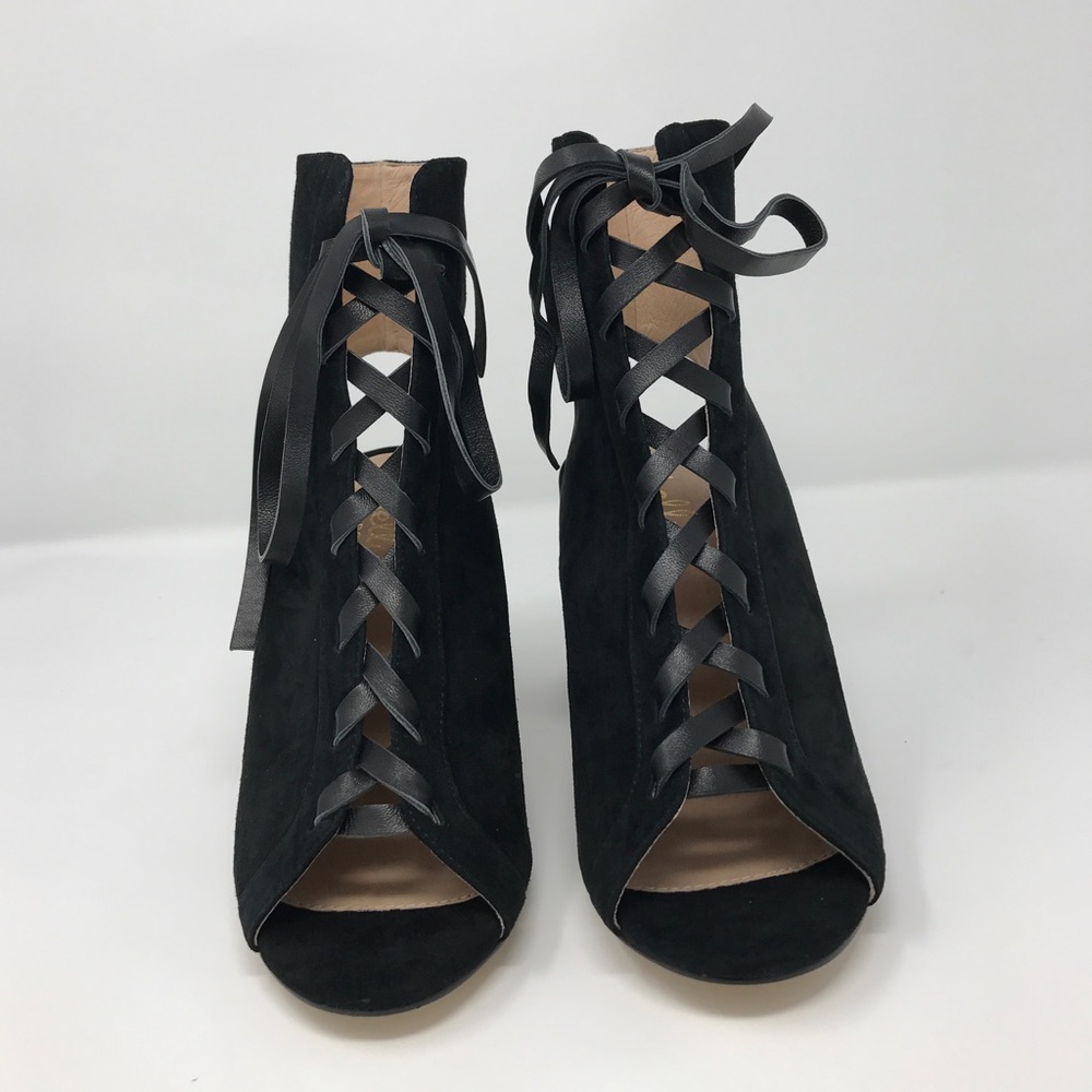 Peep Toe Leather Laces Block Heel Ankle Bootie - Picture 5 of 6