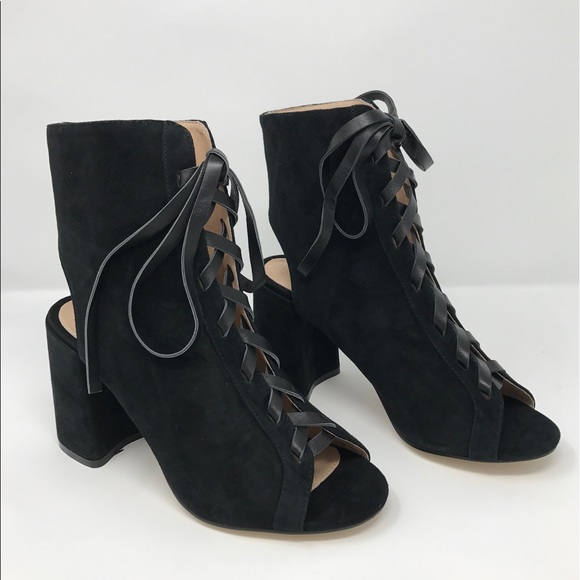 Peep Toe Leather Laces Block Heel Ankle Bootie - Picture 4 of 6