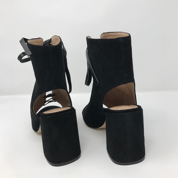 Peep Toe Leather Laces Block Heel Ankle Bootie - Picture 6 of 6