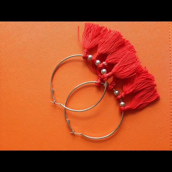 Jewelry - Red orange tassel hoop earrings