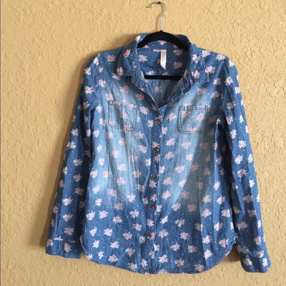Chambray floral long sleeve blue denim shirt