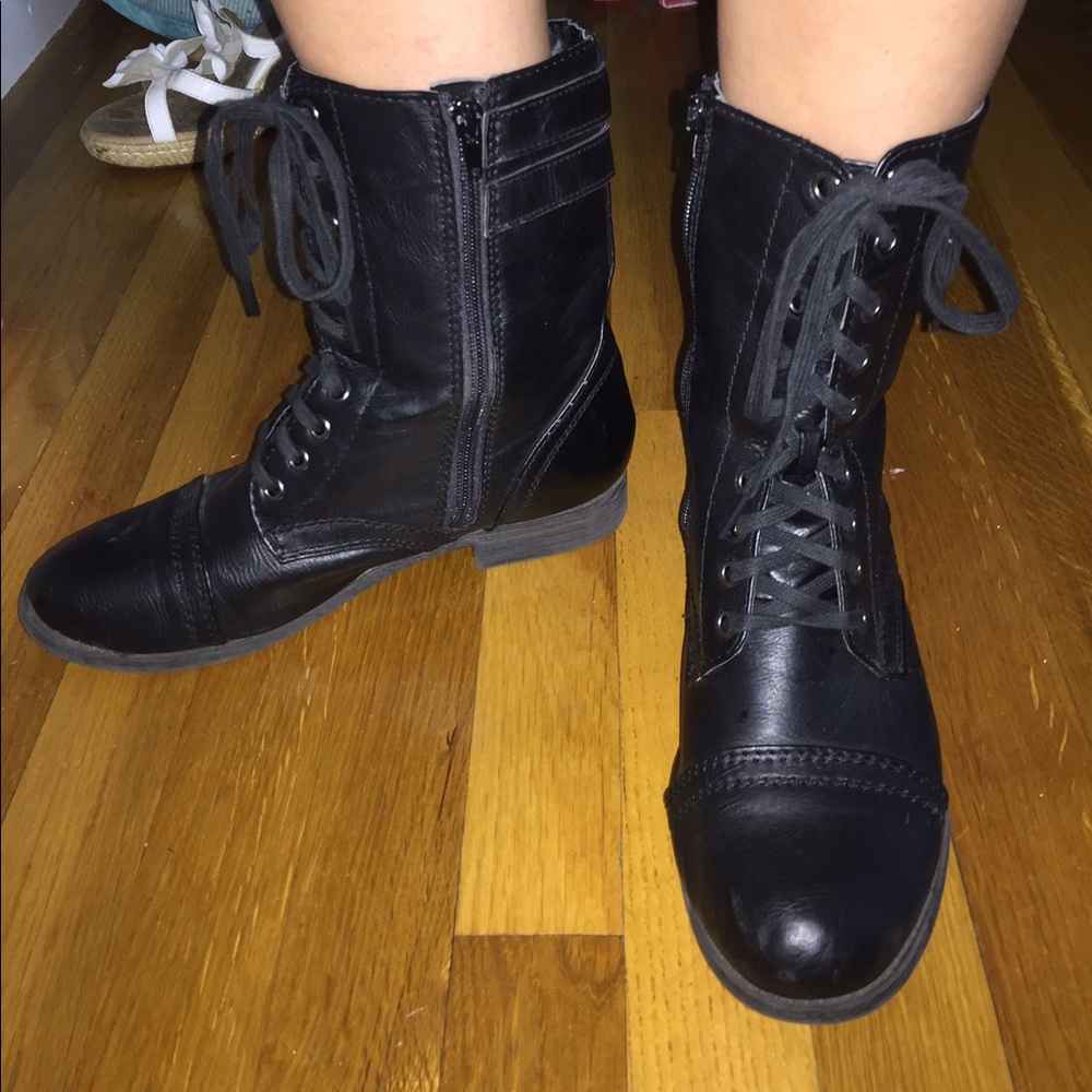 Black leather combat boots