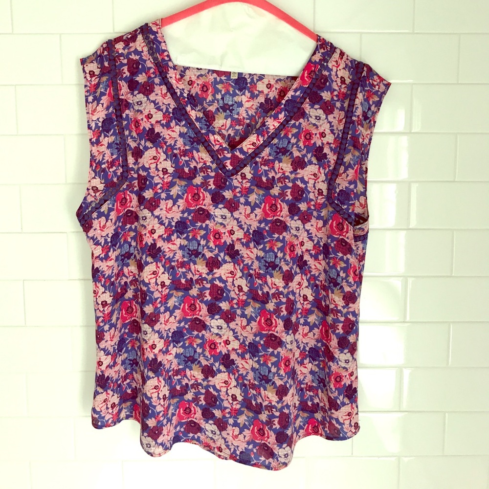 Pink and blue silk type blouse lace trim