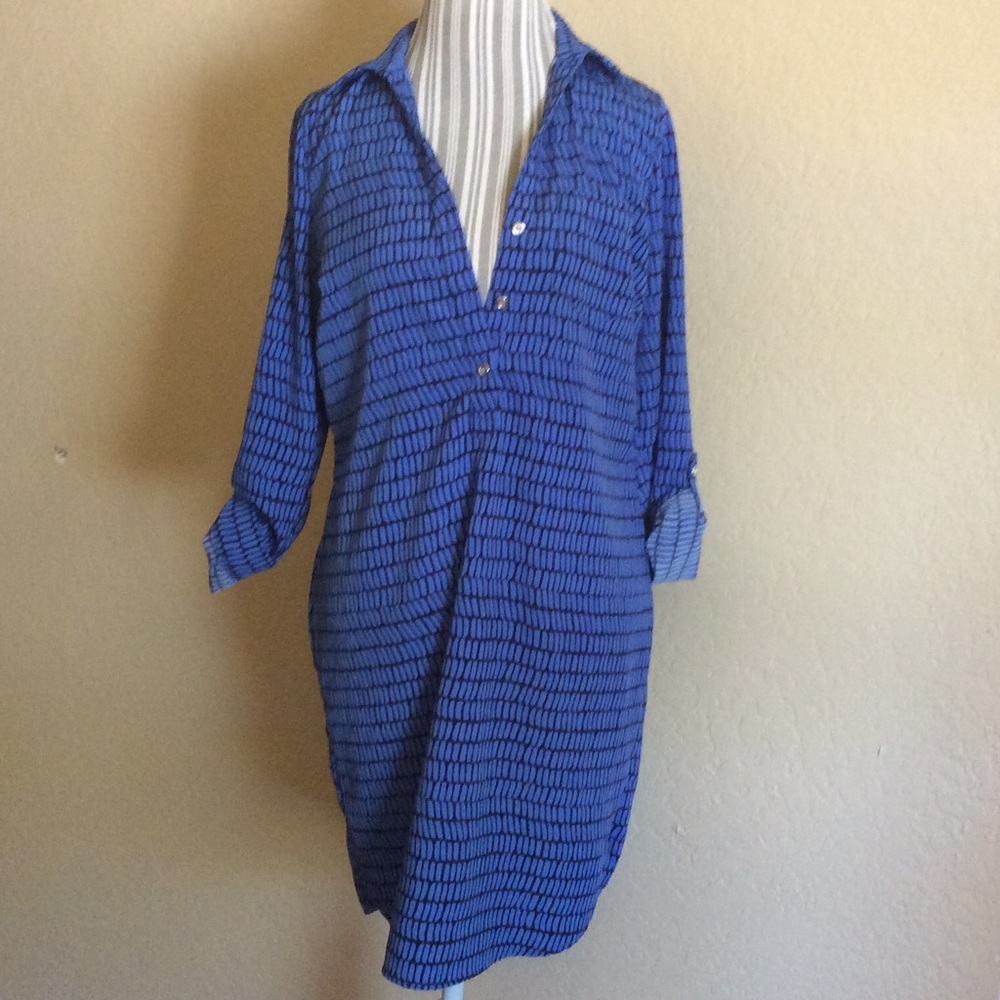 Blue Black Geometric Shirt Dress Collar Work