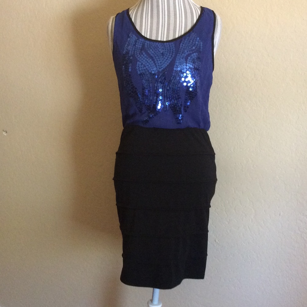 Blue Black RazorBack Sequin Blouson Cocktail Dress