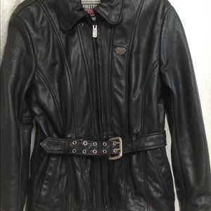 Black leather fitted motorcycle jacket.