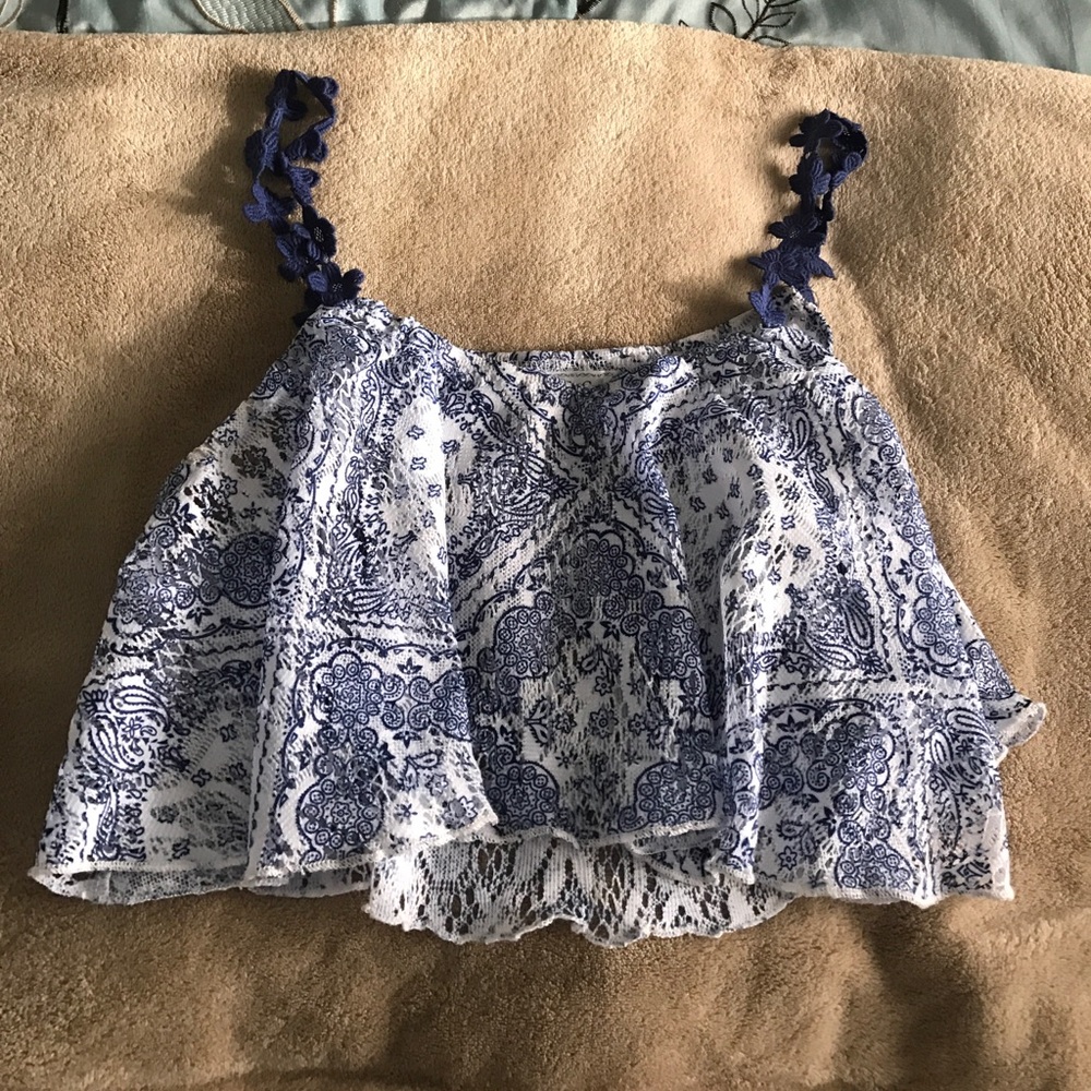 Blue and white flowy crop top