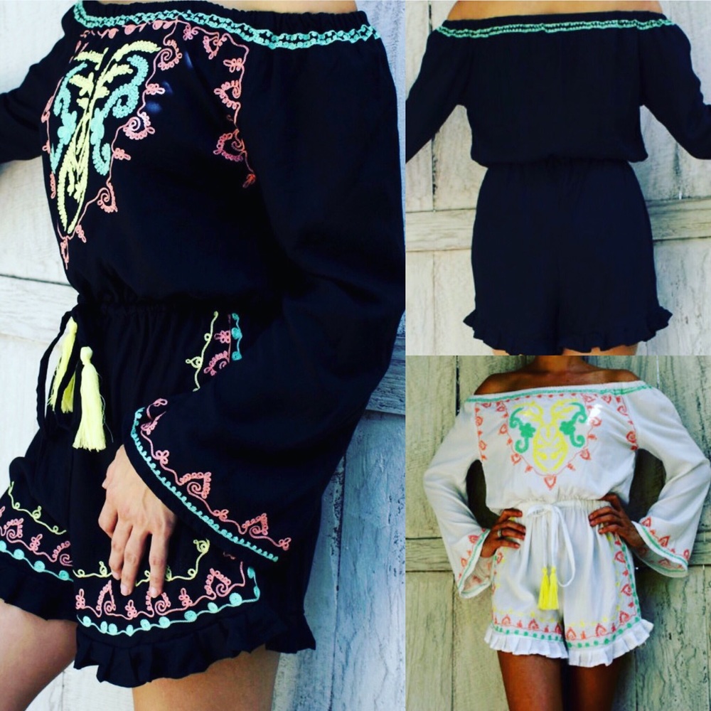 Embroidered black and white rompers