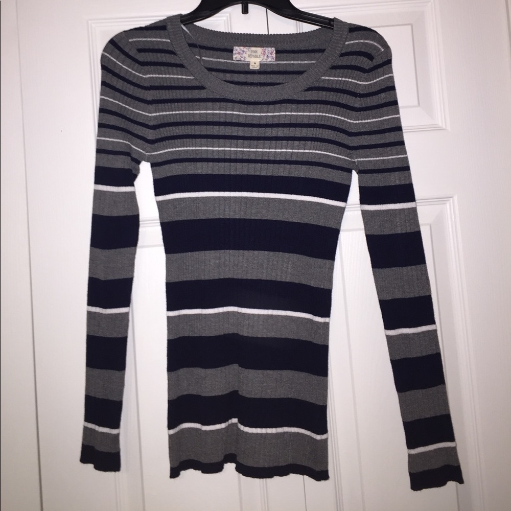 Blue, white and grey striped sweater