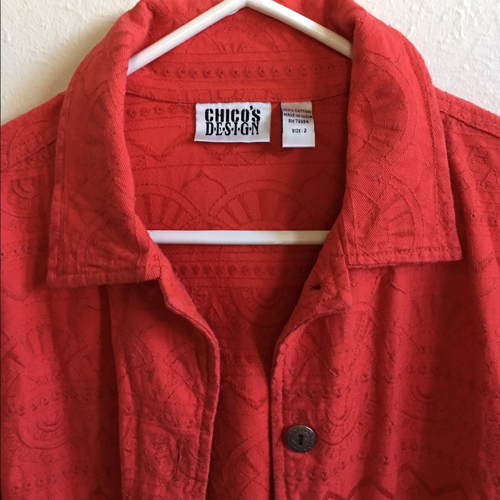 Chico's 2 denim hot coral jeans jacket embroidered