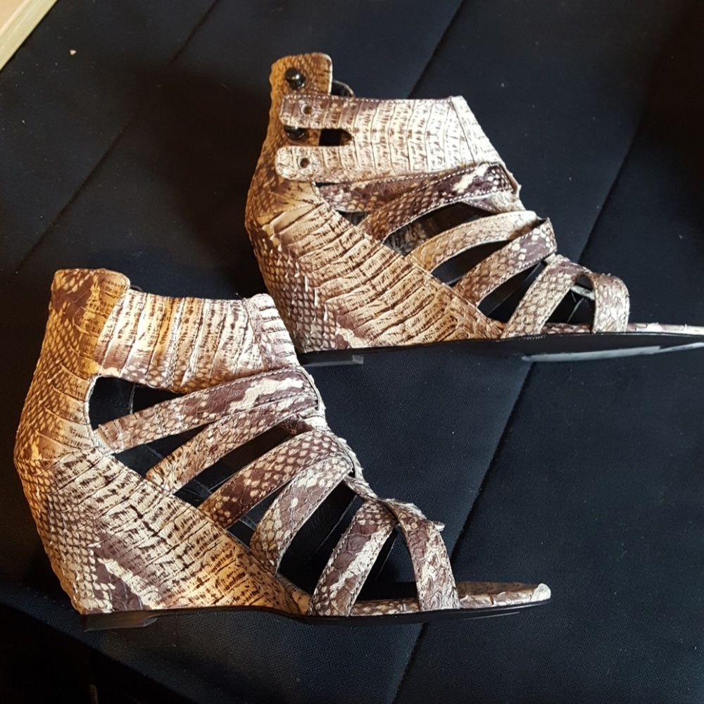 Elizabeth and James snakeskin pattern wedges