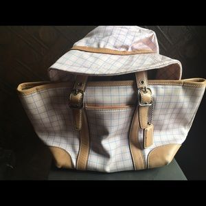 Pink plaid coach bag and matching coach hat