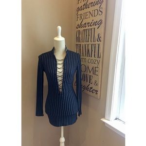 Guess Black And Gray Striped Lace Up Dress