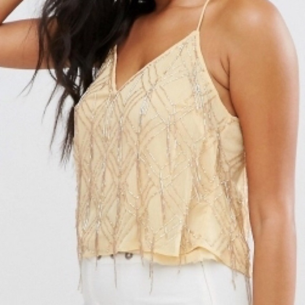 NEW FREE PEOPLE Medium Gatsby Tank Top Cream Beads