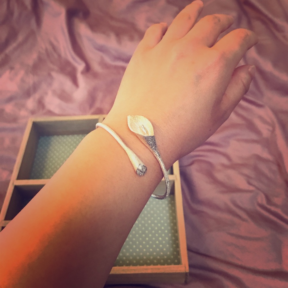 Lily Flower Open Bangle Sterling Silver
