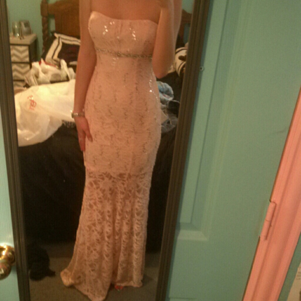 Light pink strapless lace dress with open back