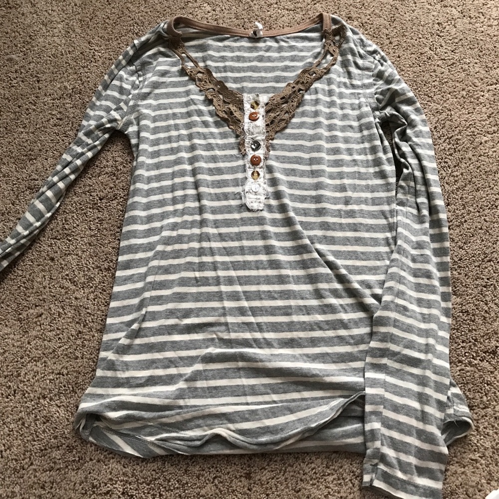 Lace Neck Button Up Striped Henley