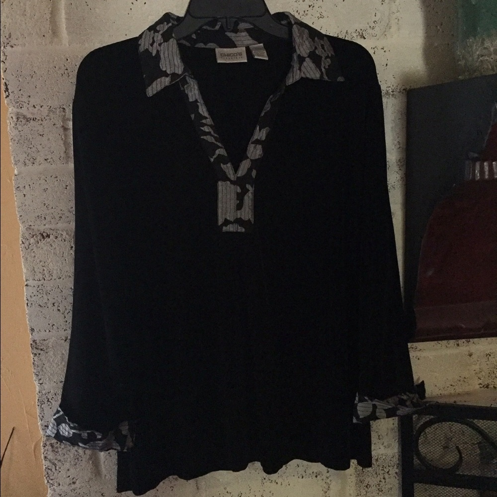 Chicos Black Blouse with Silver Collar and Cuff