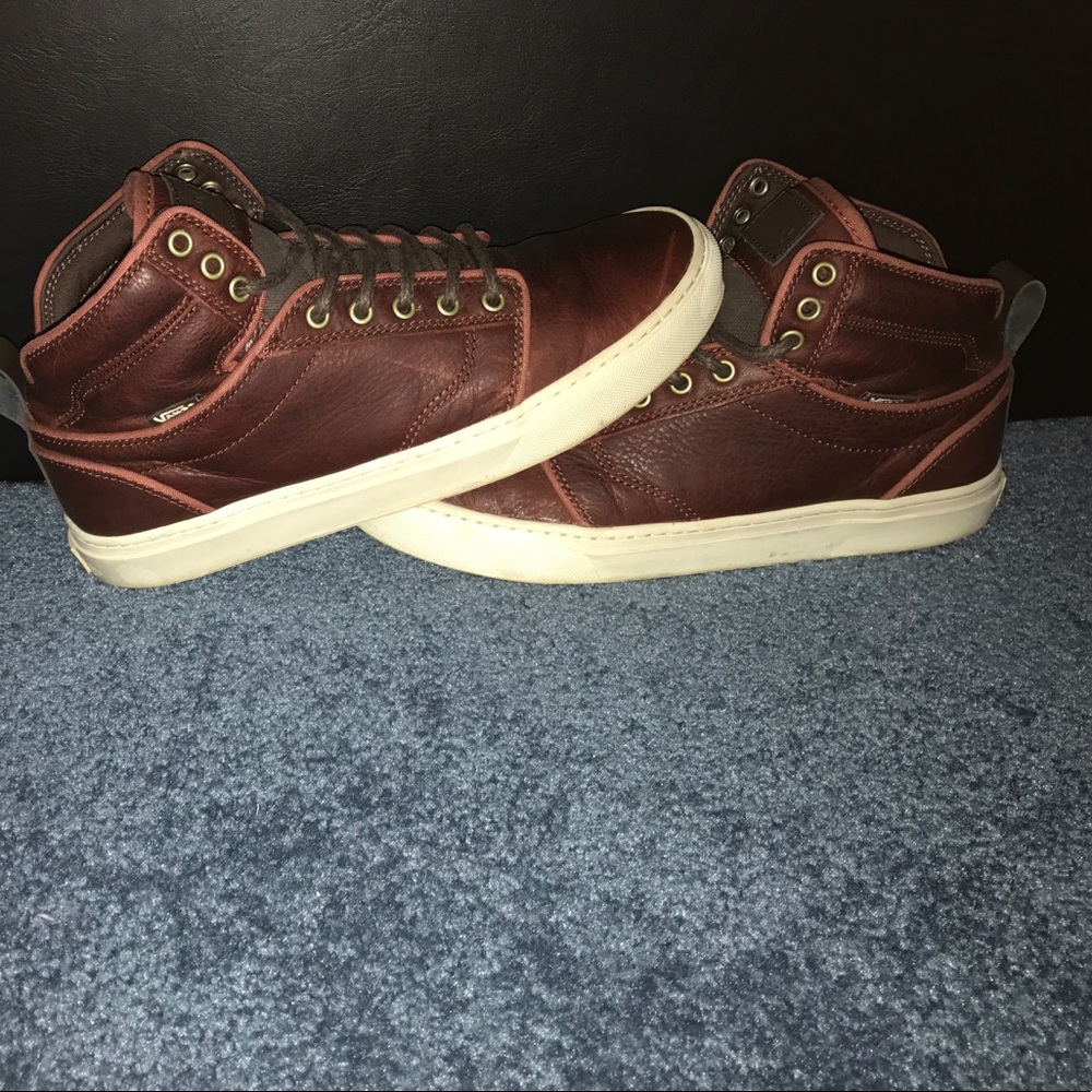 Red leather high top Vans